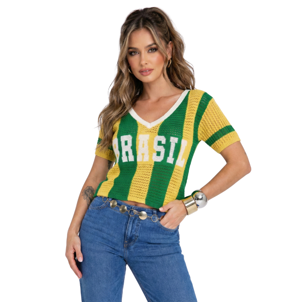 Cropped Tricot Brasil Manga Curta Verde Amarelo | Copa 2026/2027 - Feminino